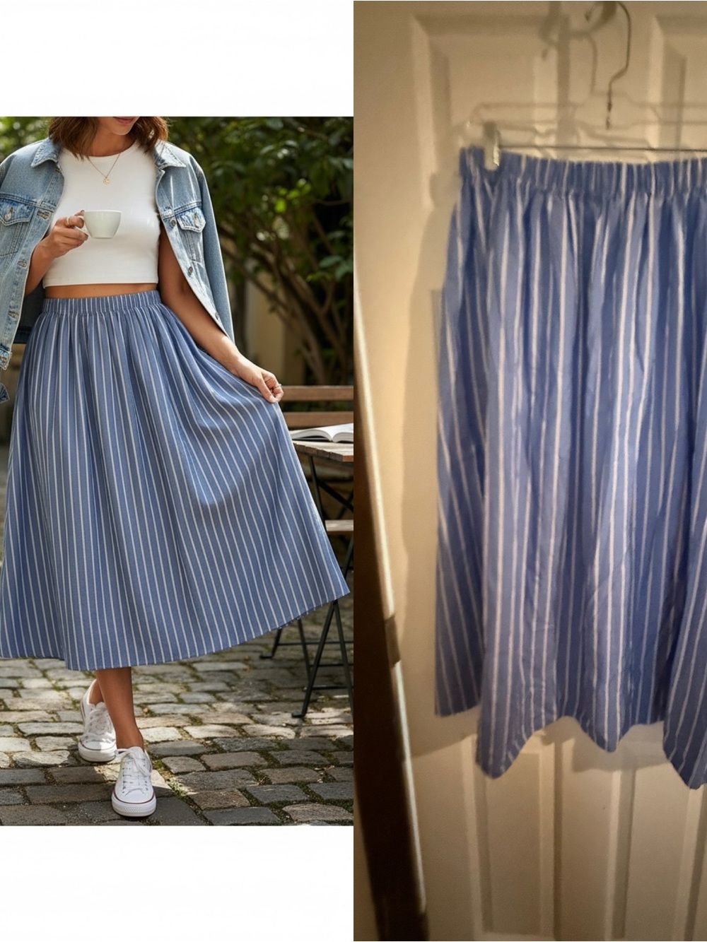 NWT H&M Blue White Striped Cotton Midi Skirt Women’s Large